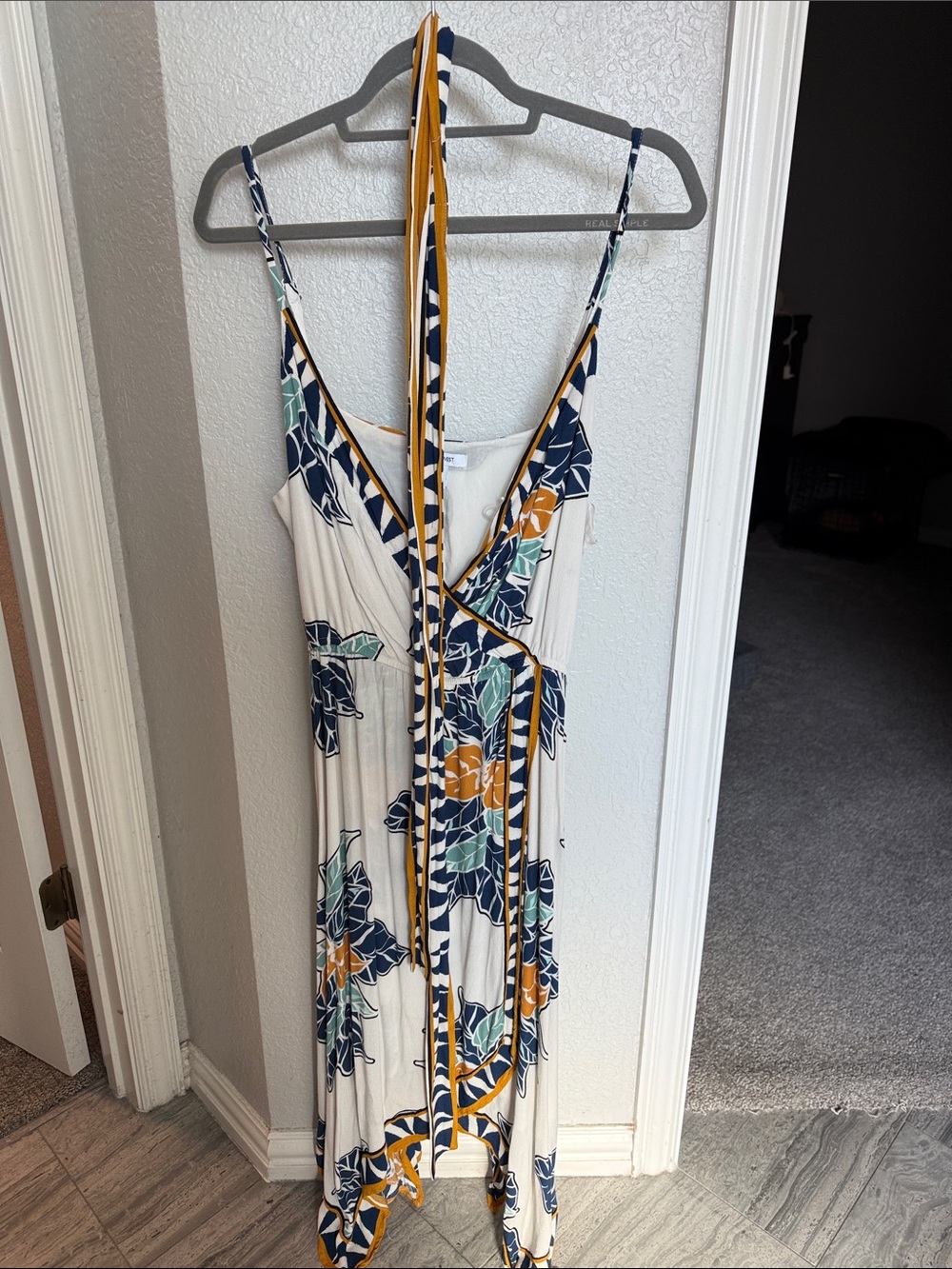 Nine West Cream Maxi Dress with Navy Floral and Mustard Trim